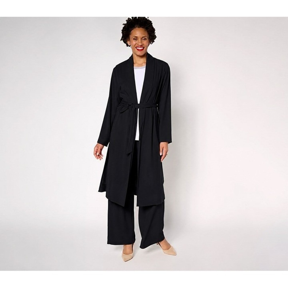 Dennis Basso Regular Soft Wash Woven Topper with Self Belt Black, Size 2X